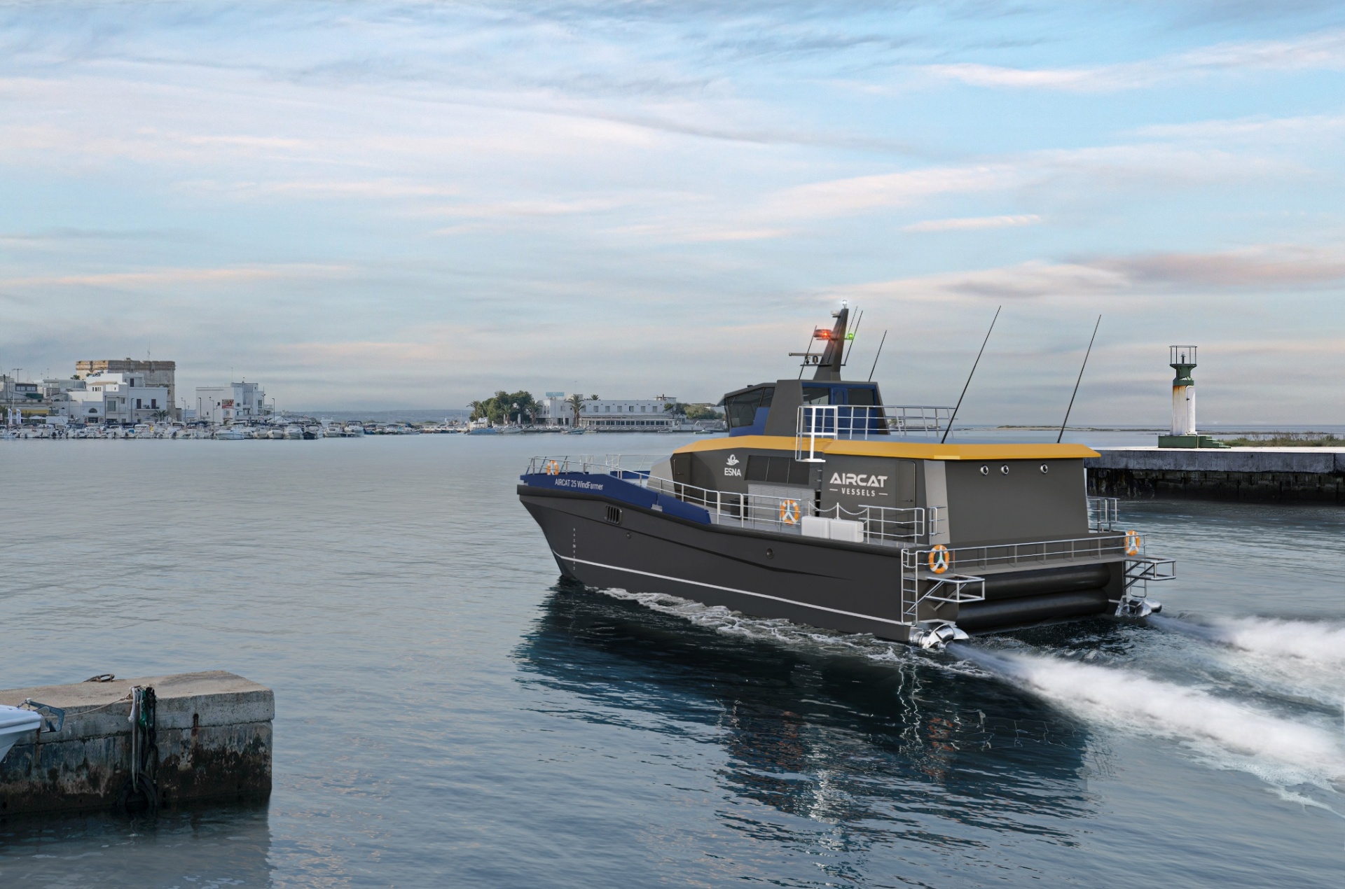 AIRCAT 25 WindFarmer leaving port at dawn