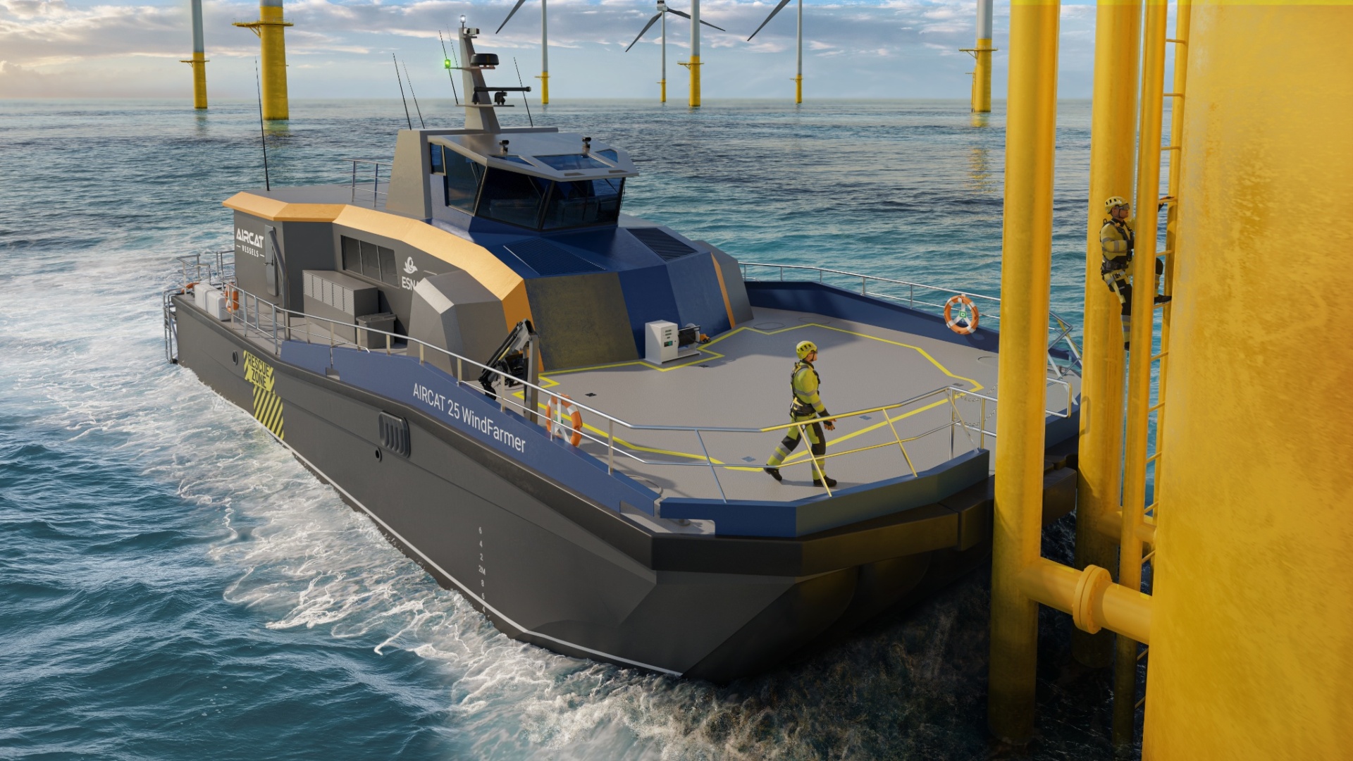 AIRCAT 25 WindFarmer at a turbine boat landing with technicians transferring