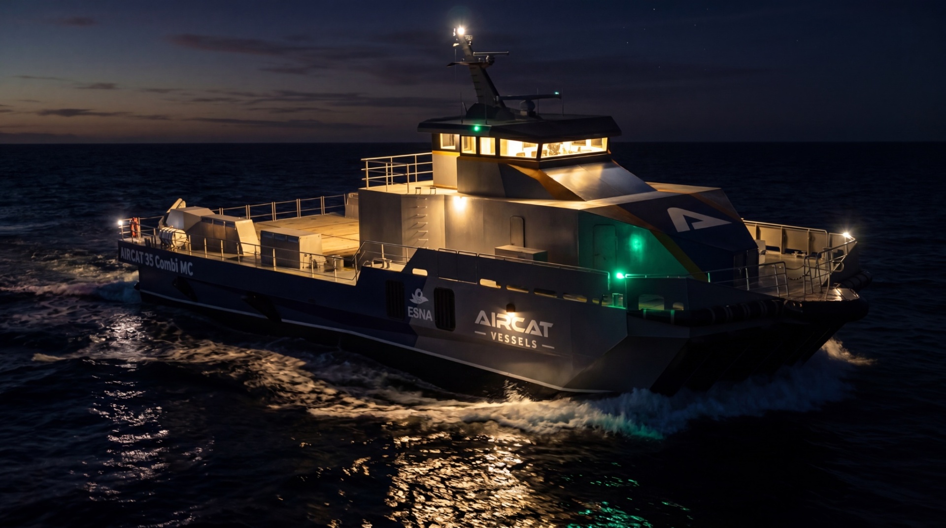 AIRCAT 35 Combi MC at night with deck lights illuminated