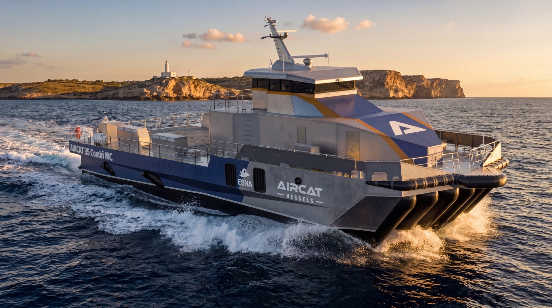AIRCAT 35 Combi MC alongside coastal lighthouse at golden hour